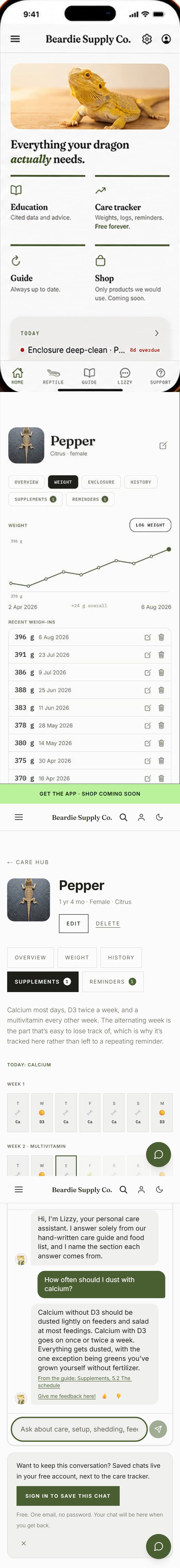 A tour of the Beardie app: the home screen, a dragon's record, the weight chart and a conversation with Lizzy